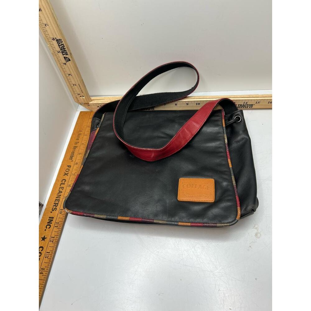 Collage Handbag Unisex Black Pebbled Leather Logo Patch Messenger Shoulder Bag